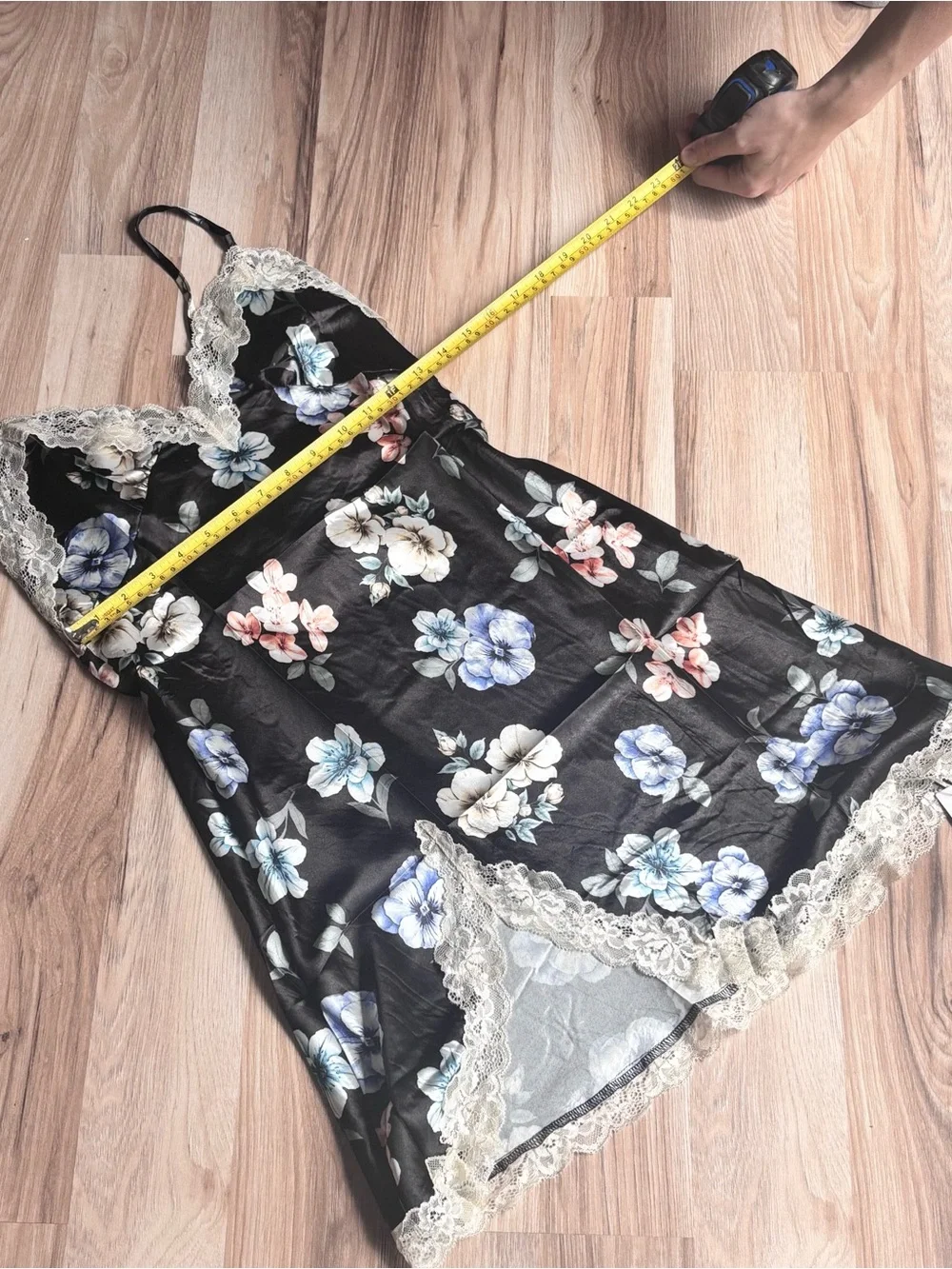 Amazon Black Floral Satin Lace-Trim Chemise with Blue & Blush Flowers